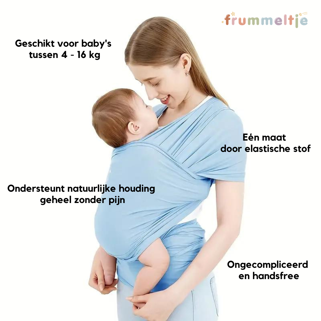 Frau mit Baby in hellblauer Tragetuch, elastisch, geeignet für 4-16 kg, freihändig, bequem.