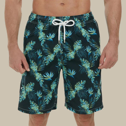 Männer-Badeshorts mit tropischem Muster, schwarz-blau, elastischer Bund, Kordelzug.