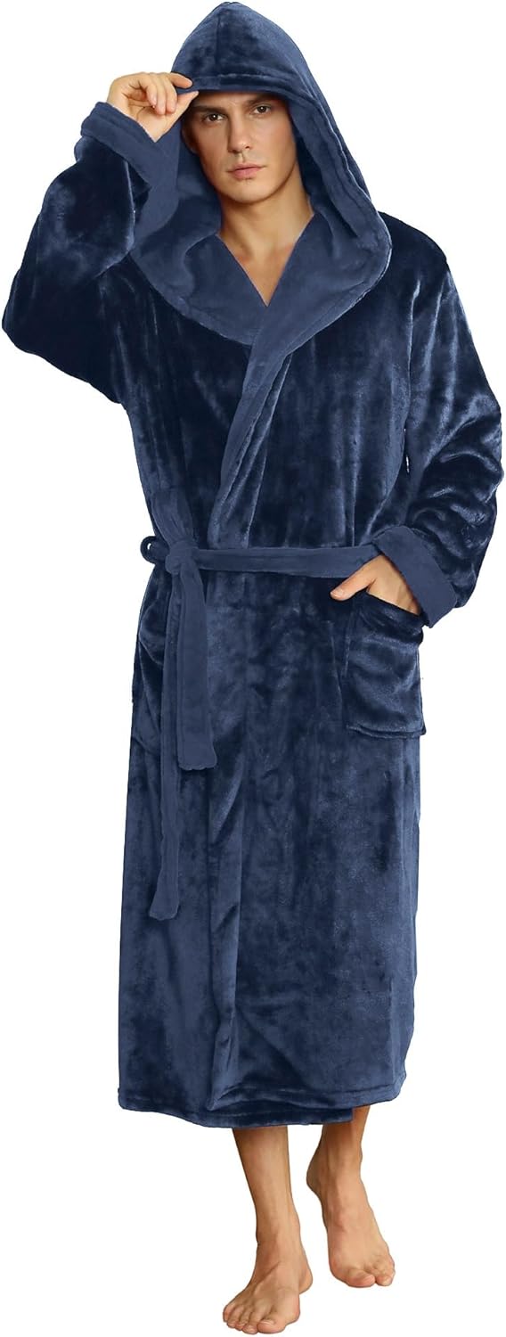 Dunkelblauer Herren-Bademantel mit Kapuze, Fleece, lang, gemütlich, ideal für Zuhause.