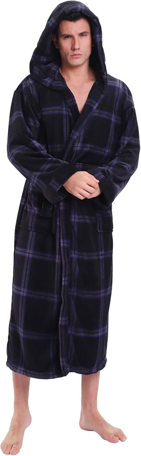 Männer Bademantel mit Kapuze, kariert, schwarz-lila, Fleece, warm, gemütlich, Morgenmantel.