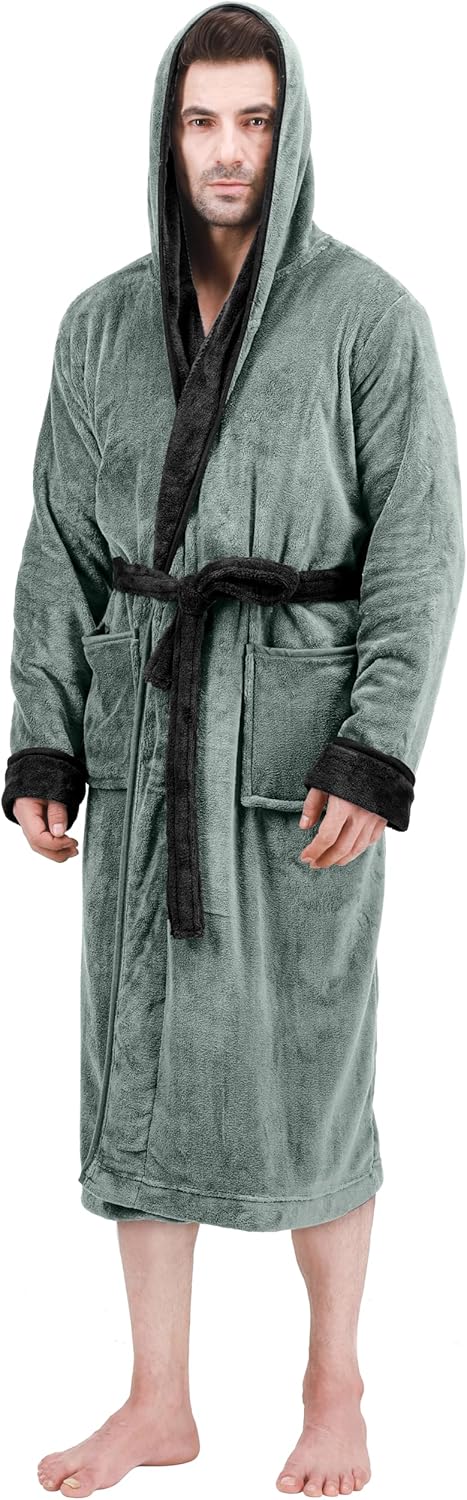 Männer Bademantel mit Kapuze, grün, Fleece, weich, warm, gemütlich, Morgenmantel, Taschen.