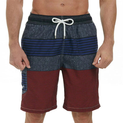 Männer-Badeshorts, gestreift, blau-rot, Kordelzug, Sommermode, Strandbekleidung.