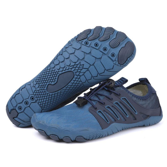 Blaue Barfußschuhe mit rutschfester Sohle, ideal für Outdoor-Aktivitäten und Fitness.