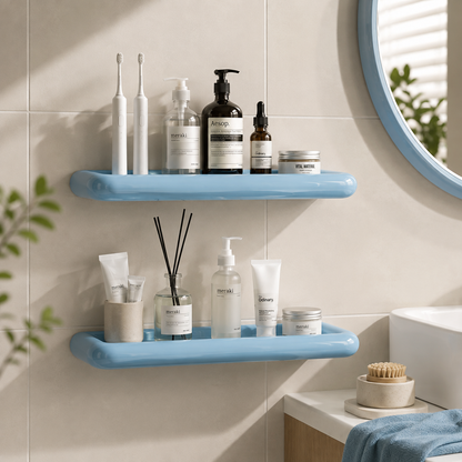 Zwei hellblaue Regale an der Wand, passend zum blauen Spiegelrahmen, mit Zahnbürsten, Cremes und Duftstäbchen 3