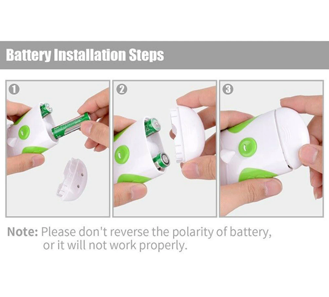Weißer batteriebetriebener Nasensauger mit grünen Akzenten, Batteriewechsel-Anleitung.