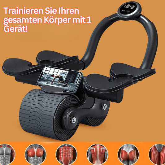 Schwarzer Bauchmuskeltrainer mit Display und Smartphone-Halterung, Fitnessgerät für Heimtraining.