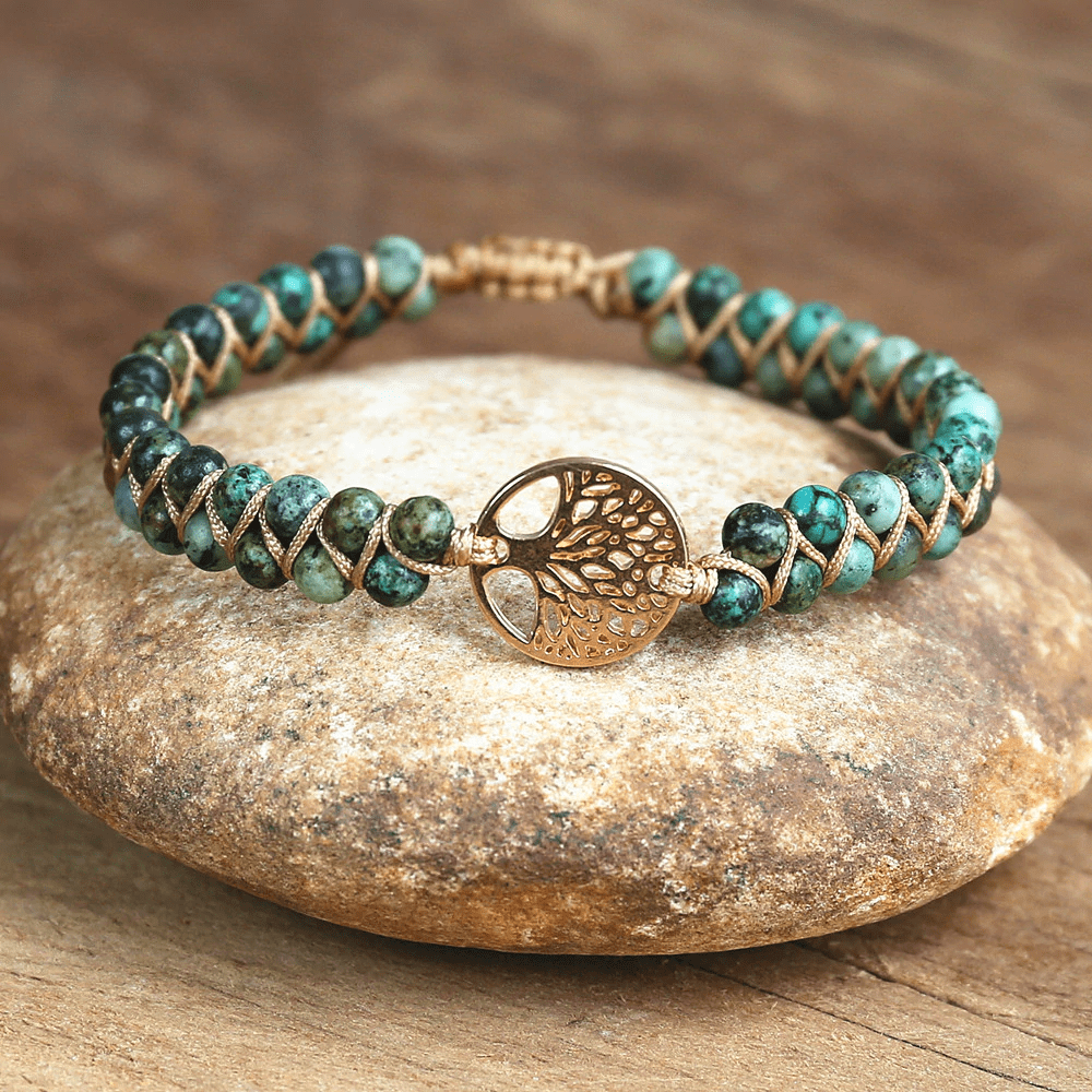 Baum des Lebens Armband, afrikanischer Jaspis, Boho-Stil, handgefertigt, grün-braun.