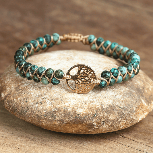 Baum des Lebens Armband, afrikanischer Jaspis, Boho-Stil, handgefertigt, grün-braun.