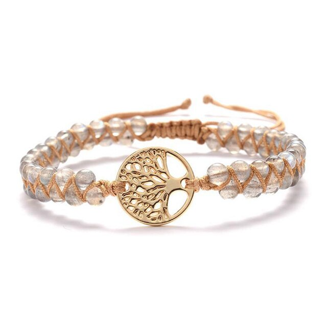 Handgefertigtes Armband mit Lebensbaum-Anhänger, Naturstein, verstellbar, Boho-Stil.