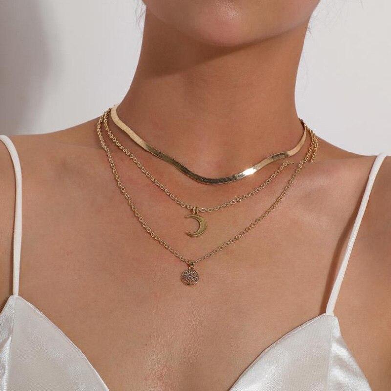 Goldene Boho-Halskette mit Halbmond und Lebensbaum-Anhänger, handgemacht, Damen-Schmuck.