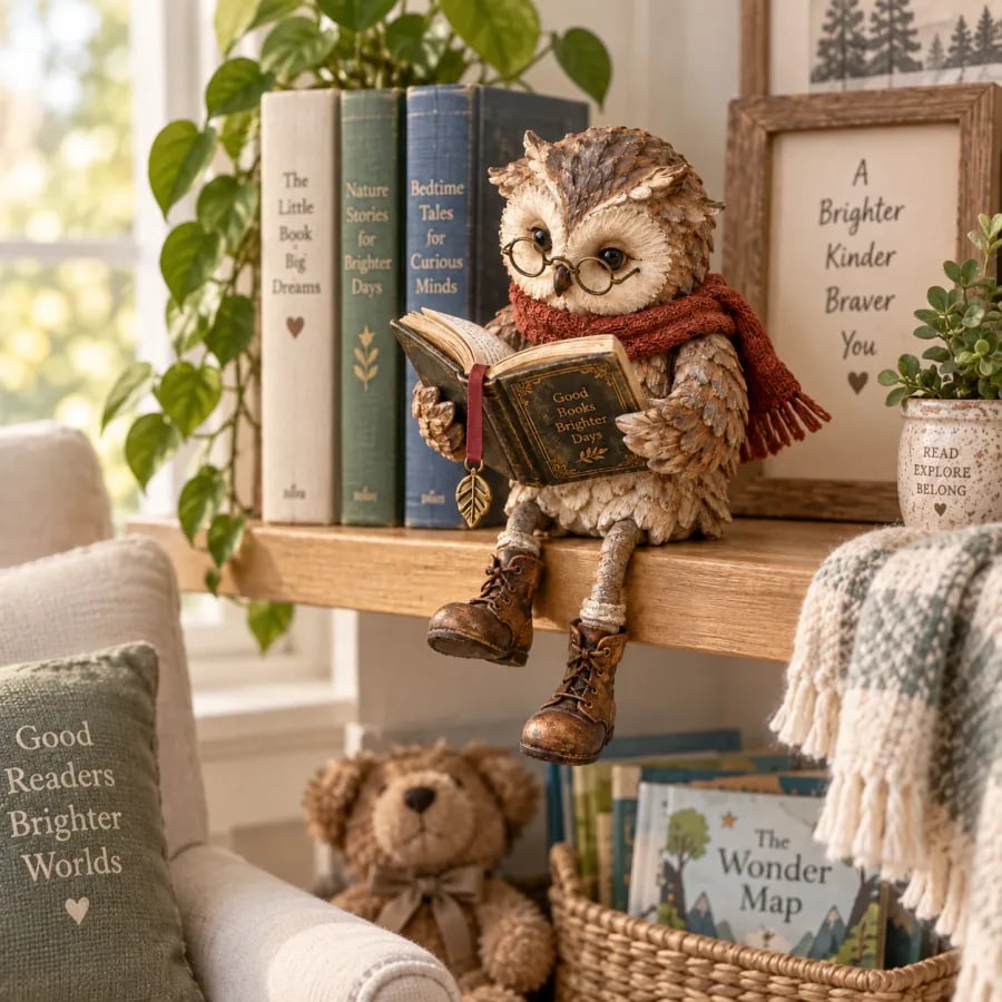Eule sitzt auf einem Holzregal vor Büchern im Kinderzimmer, daneben Teddybär, Bücherkorb, Pflanze und eine Decke. 9