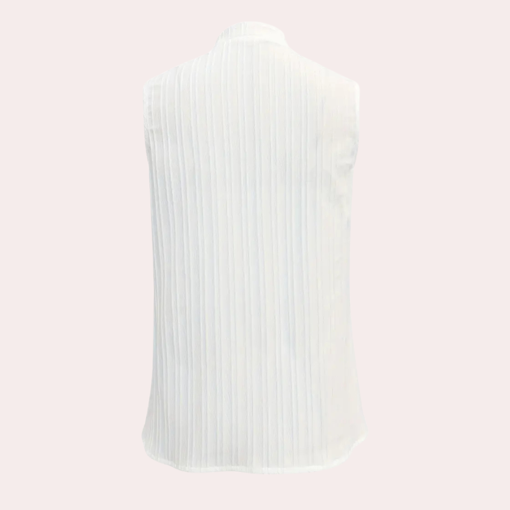 Ärmellose weiße Bluse aus Baumwolle, Rückansicht, Damenmode, elegant, gestreift.