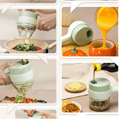 Collage aus vier Anwendungen: Knoblauch zerkleinern, Spiralen schneiden, Kürbissuppe pürieren und Zutaten für eine Sauce 2