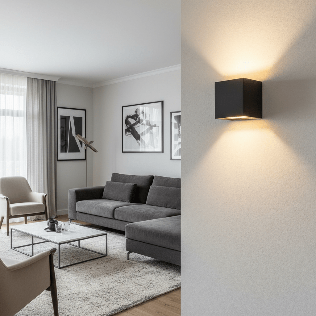 Schwarze Würfel-Wandleuchte mit warmem Licht nach oben und unten, im Hintergrund ein Wohnzimmer mit grauem Sofa und Bildern. 2