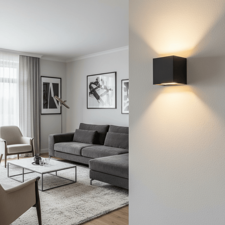 Schwarze Würfel-Wandleuchte mit warmem Licht nach oben und unten, im Hintergrund ein Wohnzimmer mit grauem Sofa und Bildern. 2