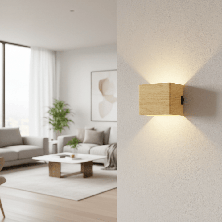 Wandleuchte mit Gehäuse in heller Holzoptik und kleinem Schalter an der Seite, im Hintergrund ein helles Wohnzimmer mit Pflanze. 4