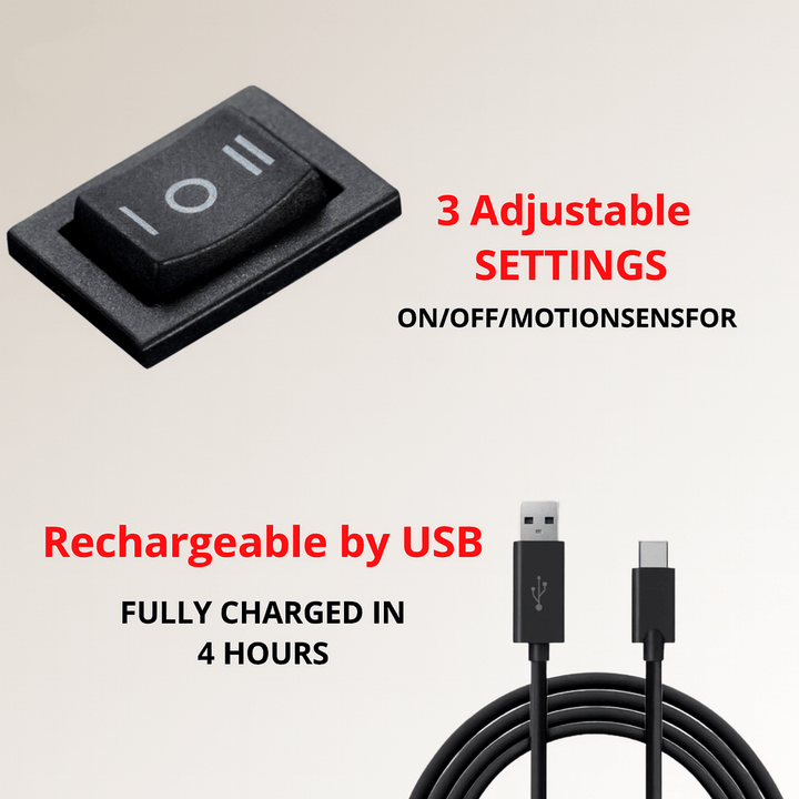 Nahaufnahme des Dreistufen-Kippschalters und eines schwarzen USB-Ladekabels, dazu Hinweise auf drei Einstellungen und vierstündige Ladezeit. 6