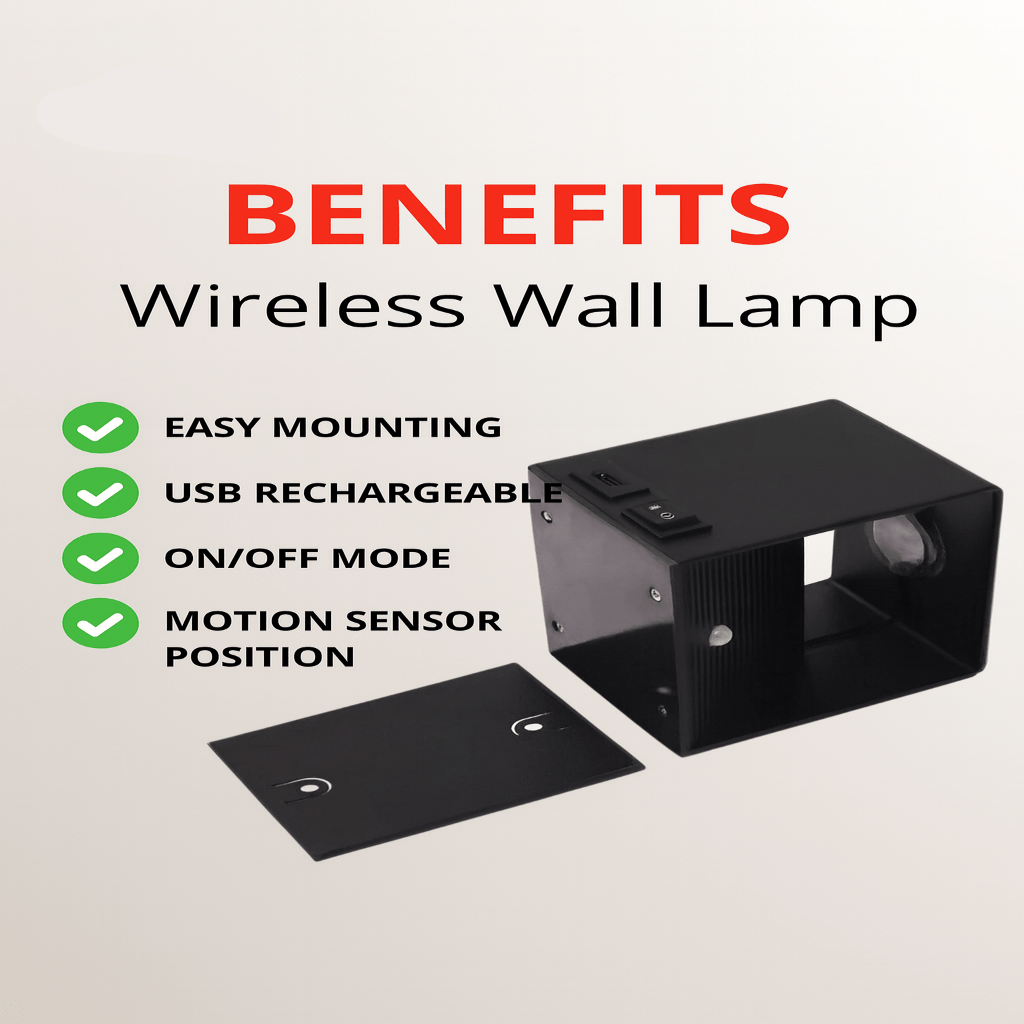 Schwarze Wandleuchte mit separater Montageplatte, daneben eine Liste von Vorteilen wie einfache Montage, USB-Aufladung und Bewegungssensor. 7
