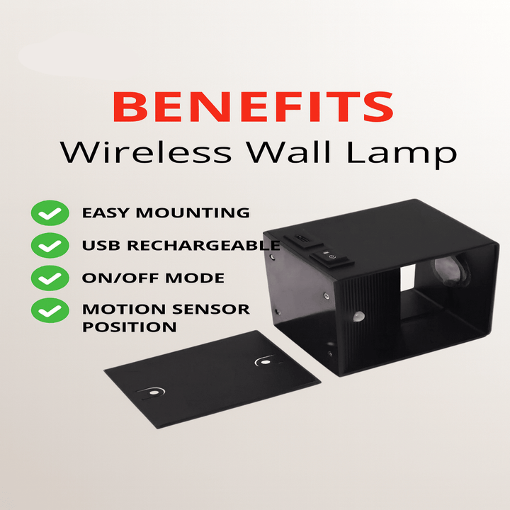 Schwarze Wandleuchte mit separater Montageplatte, daneben eine Liste von Vorteilen wie einfache Montage, USB-Aufladung und Bewegungssensor. 7