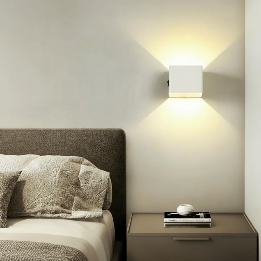 Weiße Wandleuchte leuchtet als Nachttischlampe neben einem Bett mit Kopfteil und wirft Licht fächerförmig nach oben und unten. 3