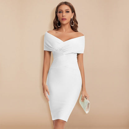 Weiße schulterfreie Bandage-Kleid Damen, elegant, knielang, V-Ausschnitt, Party, Sommermode.
