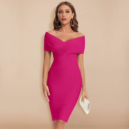 Fuchsia Off-Shoulder Bandage-Kleid, V-Ausschnitt, knielang, elegant, Damenmode, Party-Look.