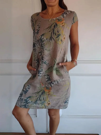 Bedrucktes Kleid | Rundhalsausschnitt | Knielang | Locker | Ärmellos-Braun-S-Luzern Mode