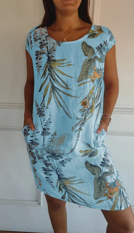 Bedrucktes Kleid | Rundhalsausschnitt | Knielang | Locker | Ärmellos-Hellblau-S-Luzern Mode