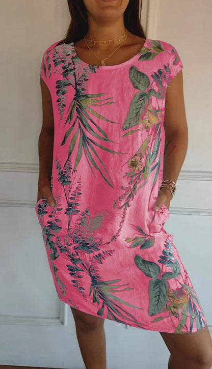 Bedrucktes Kleid | Rundhalsausschnitt | Knielang | Locker | Ärmellos-Rosa-S-Luzern Mode