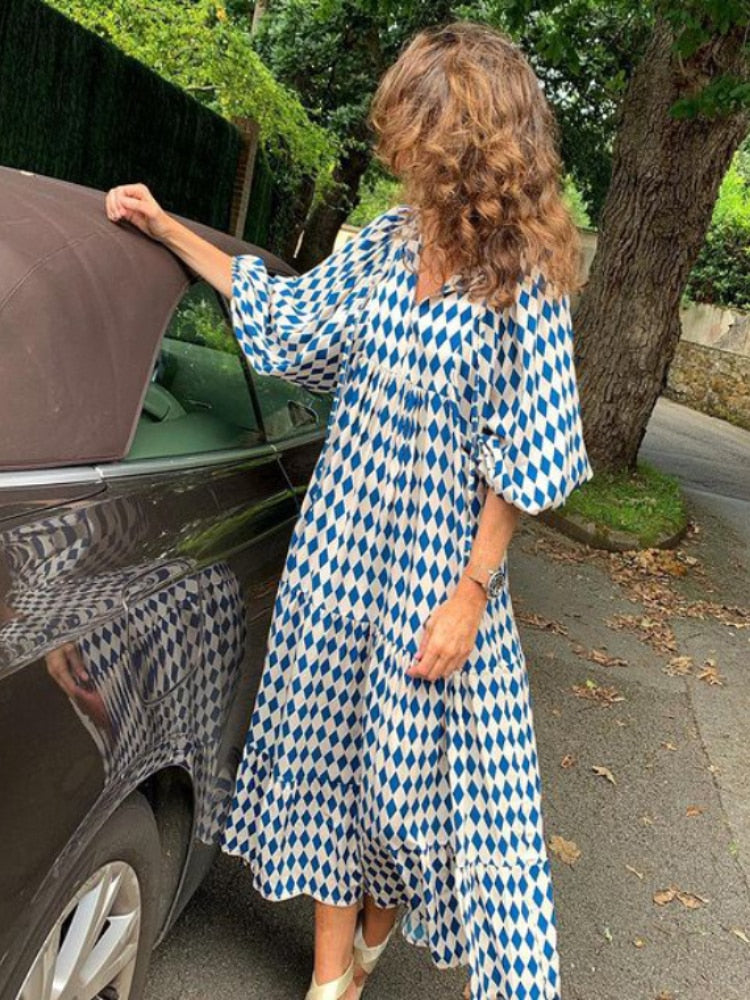 Maxikleid | Taillenbund | Bedruckt | Kurze Ärmel | Luftig | Mehrfarbig-Blau-S-Luzern Mode