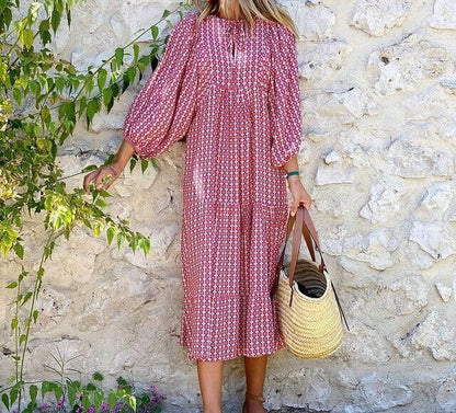 Maxikleid | Taillenbund | Bedruckt | Kurze Ärmel | Luftig | Mehrfarbig-Hellrosa-S-Luzern Mode