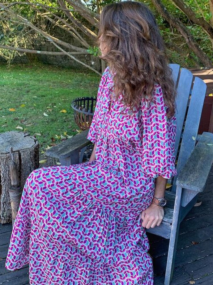Maxikleid | Taillenbund | Bedruckt | Kurze Ärmel | Luftig | Mehrfarbig-Lila Blau-S-Luzern Mode