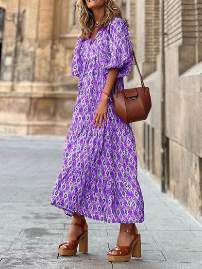 Maxikleid | Taillenbund | Bedruckt | Kurze Ärmel | Luftig | Mehrfarbig-Lila-S-Luzern Mode