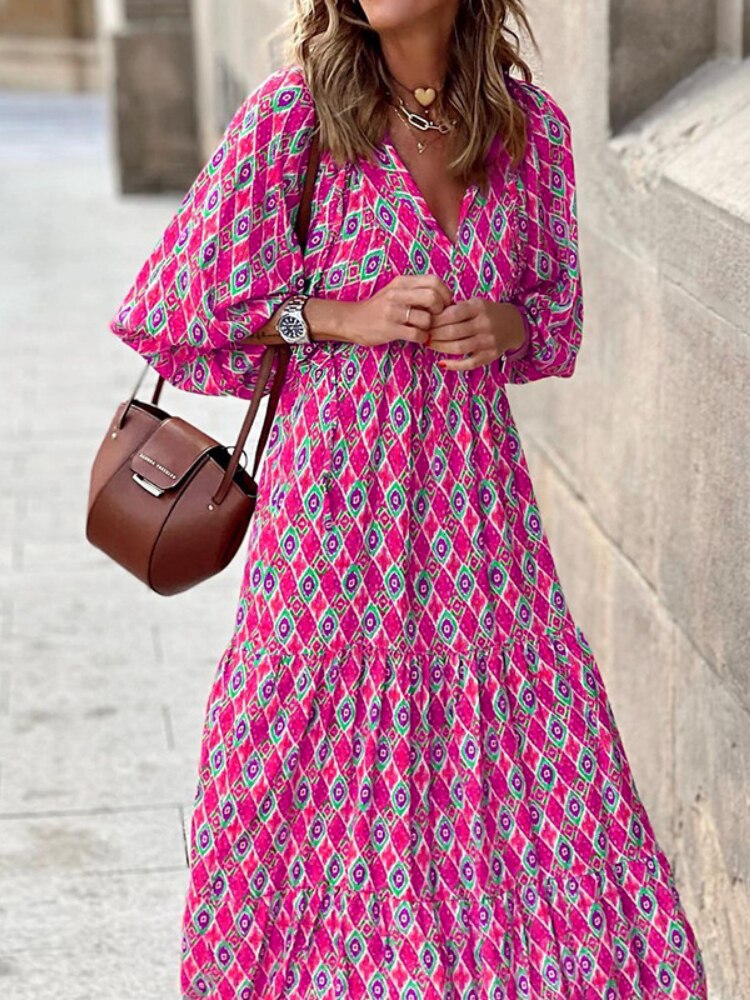 Maxikleid | Taillenbund | Bedruckt | Kurze Ärmel | Luftig | Mehrfarbig-Rosa-S-Luzern Mode
