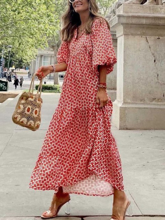 Maxikleid | Taillenbund | Bedruckt | Kurze Ärmel | Luftig | Mehrfarbig-Rot-S-Luzern Mode
