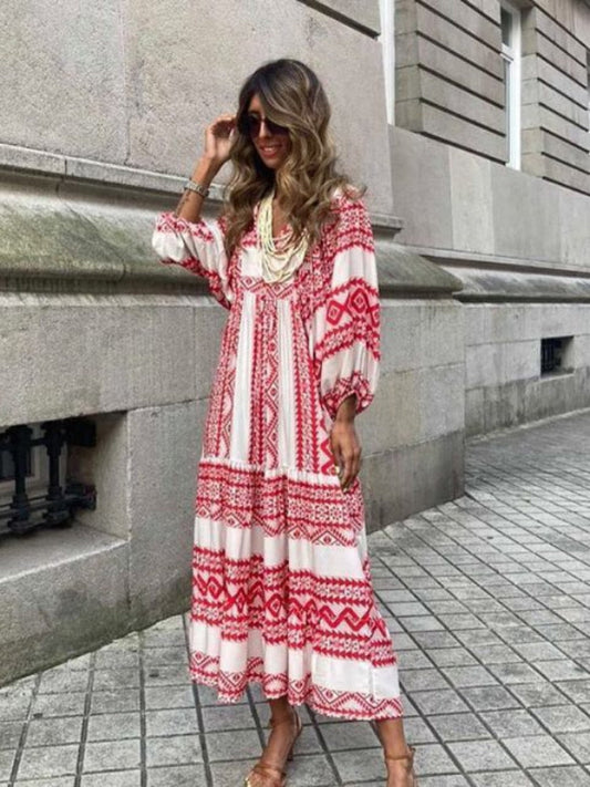 Maxikleid | Taillenbund | Bedruckt | Kurze Ärmel | Luftig | Mehrfarbig-Rot Weiß-S-Luzern Mode