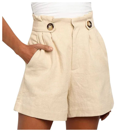 Beige Damen Shorts | Hohe Taille | Weites Bein | Baumwoll-Leinenmix-S-Luzern Mode