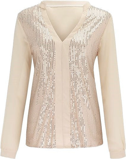 Beige Damenbluse mit V-Ausschnitt, Langarm, elegantes Design, ideal für Büro oder Freizeit.