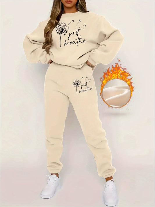 Beiges Damen-Sweatshirt und Jogginghose Set mit "Just Breathe" Aufdruck, Baumwolle, lässig.