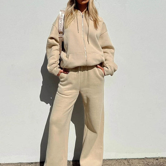 Beige Damen Jogginganzug, Kapuzenpullover und Hose, Freizeitmode, bequem, lässig.
