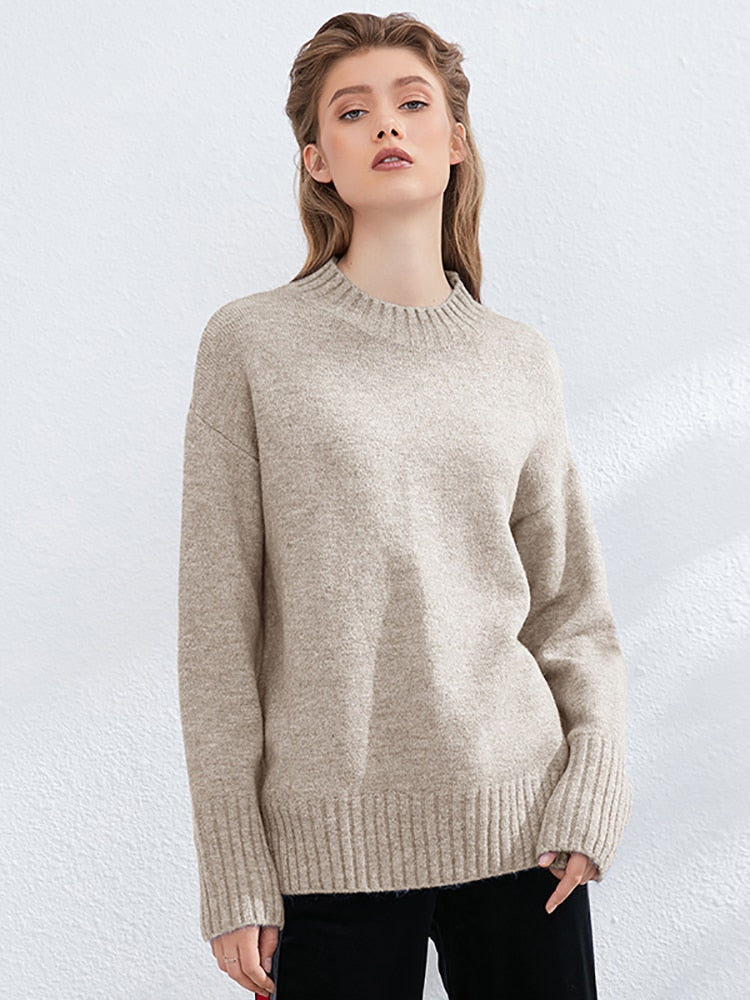 Damen Pullover beige, Strick, langärmelig, Rundhals, Herbstmode, gemütlich, elegant.