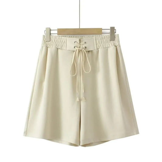 Beige Damen-Shorts mit Kordelzug, Sommermode, lässig, bequem, elastischer Bund.