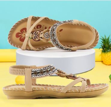Beige Sandalen Damen, Sommer, geflochten, flach, bequem, modisch, Freizeit, Strand.
