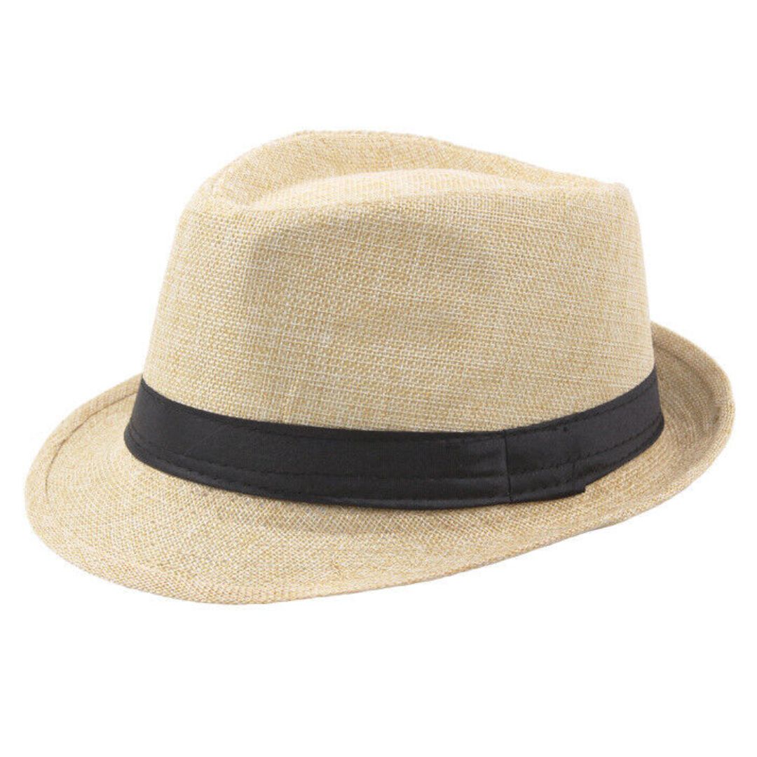 Beiger Fedora-Hut aus Stroh mit schwarzem Band, stilvoller Sommerhut für Herren und Damen.