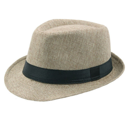 Beiger Fedora-Hut aus Stroh mit schwarzem Band, stilvoller Sommerhut für Herren und Damen.
