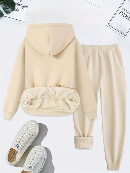 Beiges Damen-Sweatshirt mit Kapuze und Jogginghose, Fleece-Futter, lässig, bequem.
