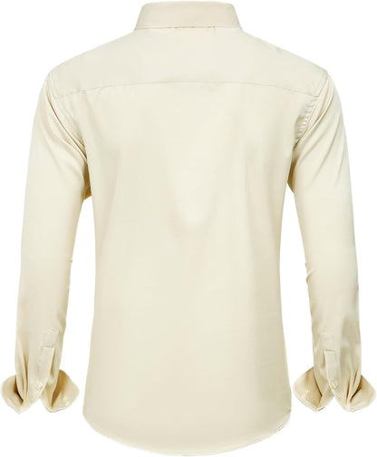 Beige Herrenhemd aus Baumwolle, langärmelig, klassischer Kragen, Rückansicht.