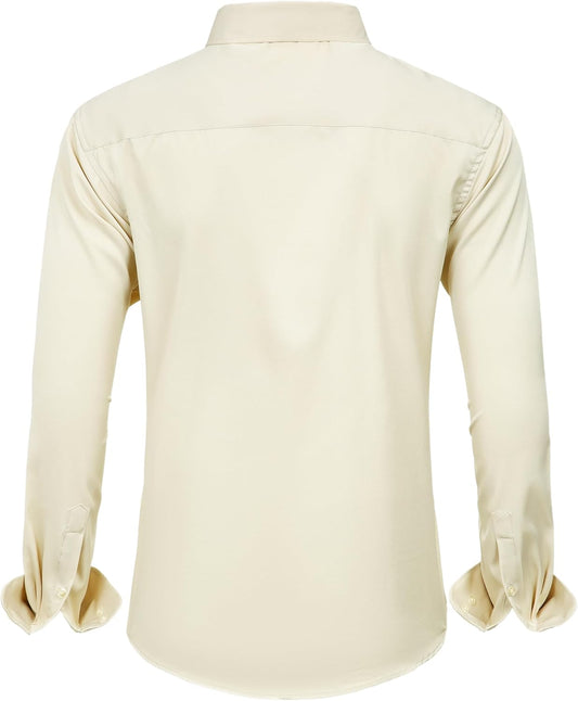 Beige Herrenhemd aus Baumwolle, langärmelig, klassischer Kragen, Rückansicht.
