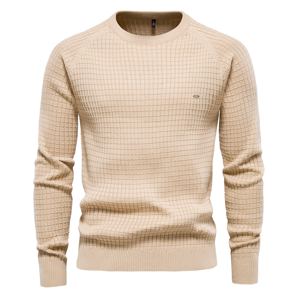 Beiger Herrenpullover, 100% Baumwolle, O-Ausschnitt, Wintermode, hochwertiges Strickdesign.