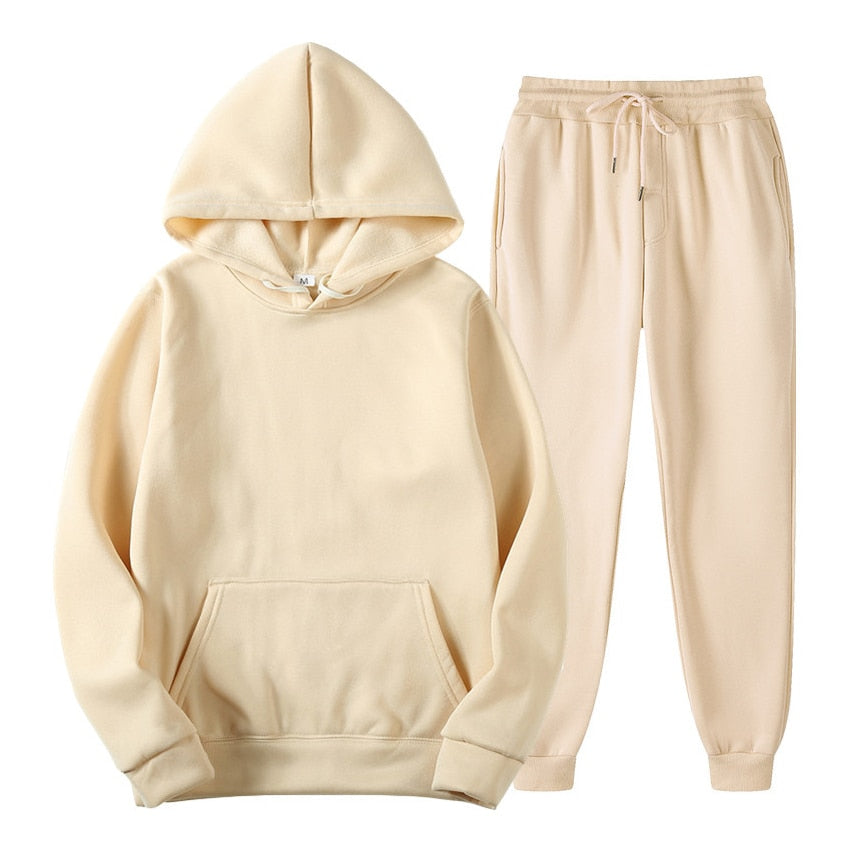 Beiges Kapuzenpullover und Jogginghose Set, Unisex, Baumwolle, bequem, Freizeitkleidung.